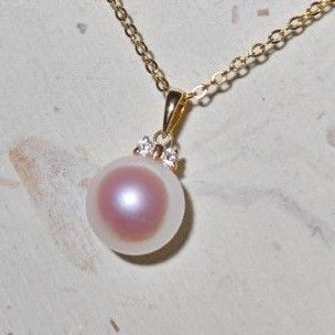 9.1mmあこや真珠花珠 K18金ダイヤモンドペンダント♪『りんりん手作』 jewelry ネックレス パール