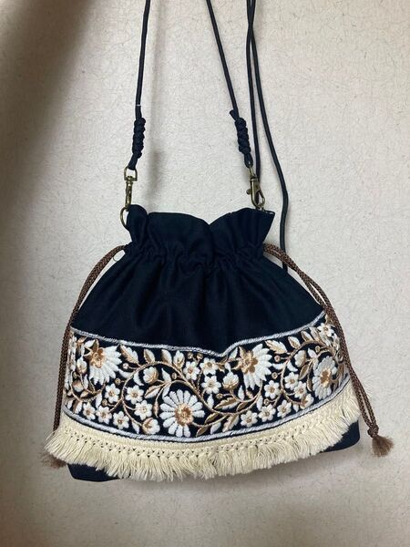 511/インド刺繍リボン3way巾着トートバッグショルダー紐付き