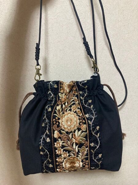 512/インド刺繍リボン3way巾着トートバッグショルダー紐付き