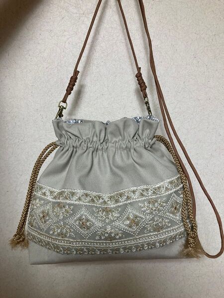 517/インド刺繍リボン3way巾着トートバッグショルダー紐付き