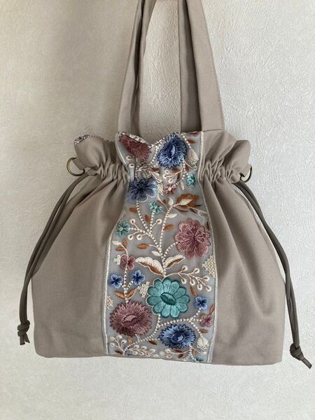 528/インド刺繍リボン3way巾着トートバッグショルダー紐付き