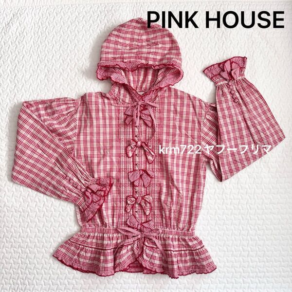 美品 PINK HOUSE ピンクハウス チェック リボン ブラウス ピコフリル 赤 クーポン使用で500円OFF
