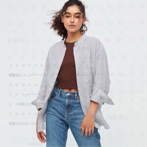プレミアムリネンスタンドカラーストライプシャツ(長袖)UNIQLO