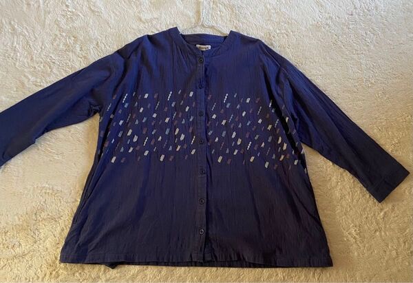 emago イマゴ 刺繍シャツ 紺 ネイビー ブラウス 綿 コットン 100%