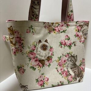 ハンドメイド ミニトートバッグ 猫×花柄
