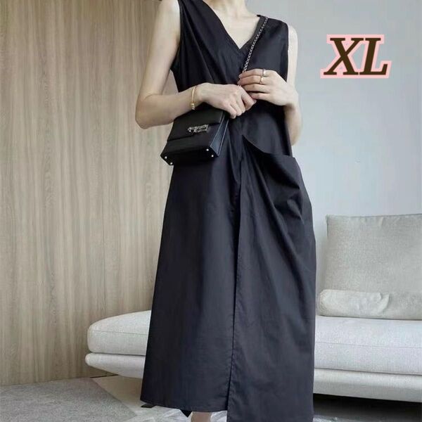 ★残り1点★新品 XL ロングワンピース ノースリーブ Ⅴネック 黒 体型カバー リゾート スカート