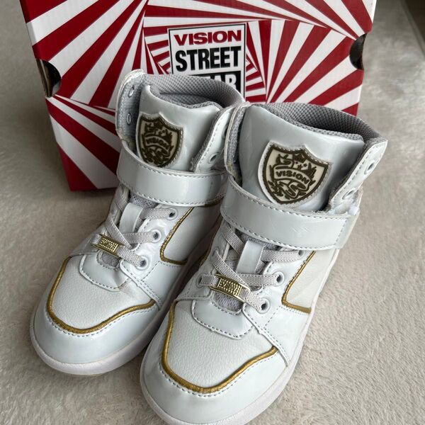 VISION STREET WEAR キッズ ハイカットスニーカー 18cm ホワイト/ゴールド靴