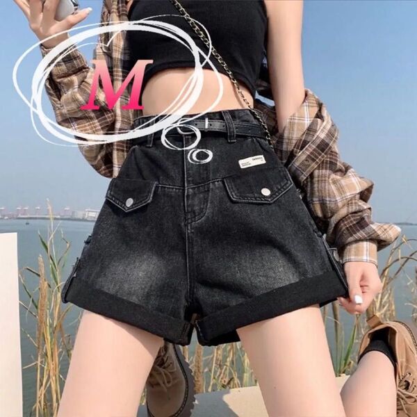 デニム ショートパンツ ハイウエストボトムス ジーンズ ショーツ 美脚 脚長 M
