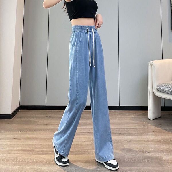 ワイドパンツ デニム パンツ ウエストゴム 春 夏 ひんやり 無地 薄手涼しい