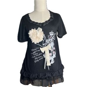 axes femme うさぎ リボン フリル ブラック 半袖 黒 Tシャツ