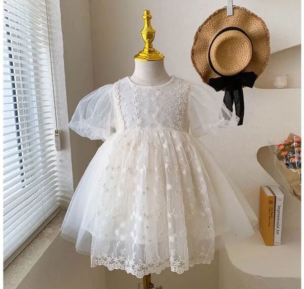 半袖チュール&レースワンピースドレス 90cm 結婚式 誕生日 発表会