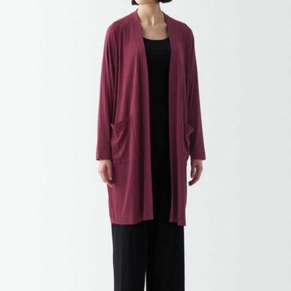 無印良品 muji ワイドリブ ロングカーディガン 羽織り バーガンディー レッド ボルドー レーヨン オーガニックコットン