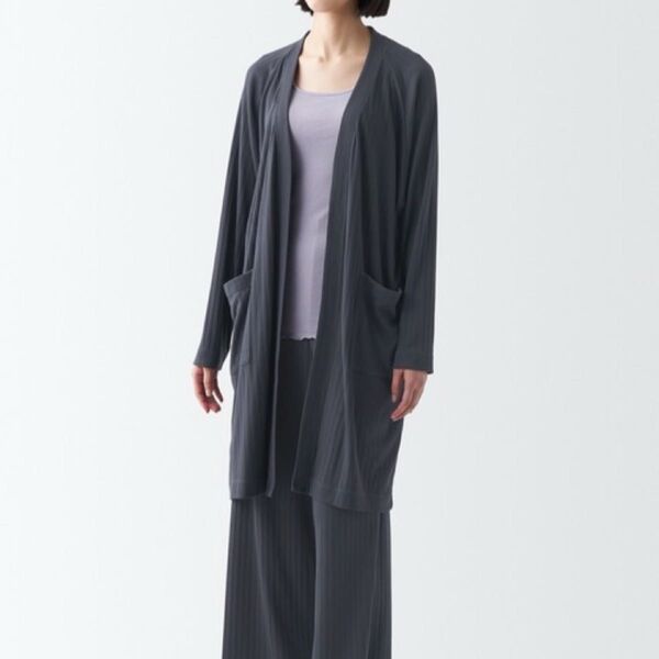 無印良品 muji ワイドリブ ロングカーディガン 羽織り ダークグレー 灰色 レーヨン オーガニックコットン