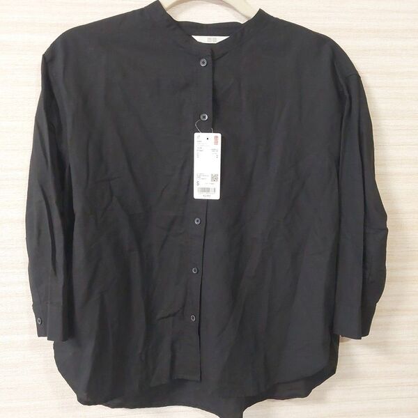 【新品】UNIQLO ユニクロ☆リネンブレンド バンドカラーシャツ 七分袖 黒