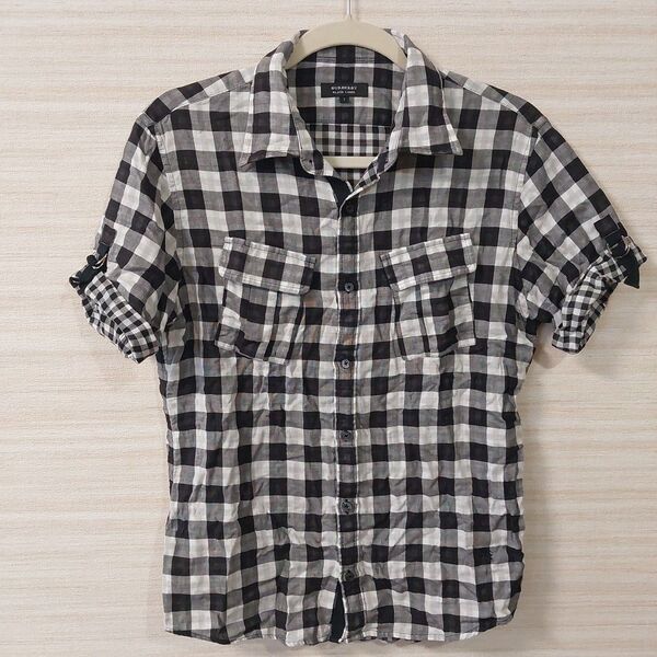 【極美品】BURBERRY バーバリー ブラックレーベル☆白黒チェック 半袖シャツ メンズ 2