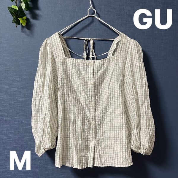 && GU 【M】チェックスクエアネックバックリボンブラウス(7分袖)