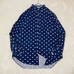 【90s】トミーヒルフィガー 長袖BDシャツ 総柄 刺繍ロゴ ネイビー L