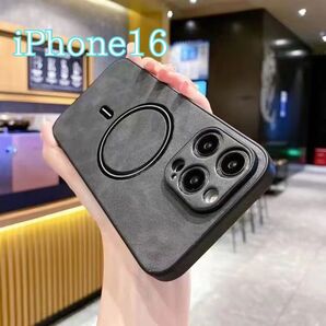 iPhone16 ケース レザー風 黒 ブラック MagSafe ワイヤレス充電 耐衝撃 携帯 スマホカバー シンプル