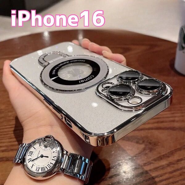 iPhone16 ケース キラキラ シルバー MagSafe リング スマホケース 携帯 スタンド カメラ保護 ラメ iphone