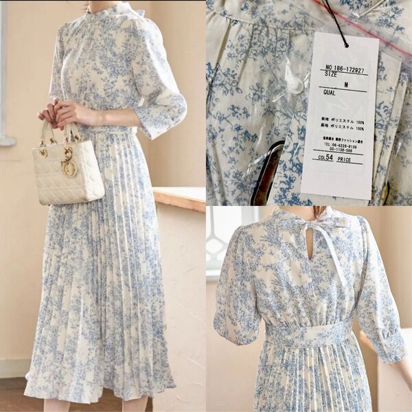 新品 tocco closet ベルト付き後ろりぼんフラワートワルドジュイプリントプリーツワンピース ★サックス