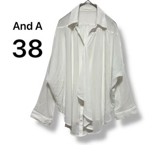 【アンドエー】And Aシアーブラウス シャツ ドレープ フリル 七分袖 38 白 ホワイト