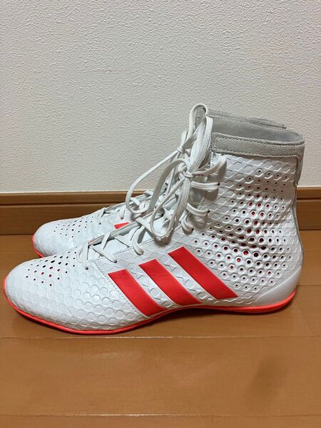 美品 adidas ボクシングシューズ ホワイト/レッド レスリング リングシューズ アディダス
