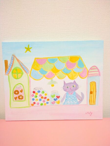 原画 『 猫のお菓子屋さん 』アクリル水彩画 ねこ イラスト ネコ アート 絵画