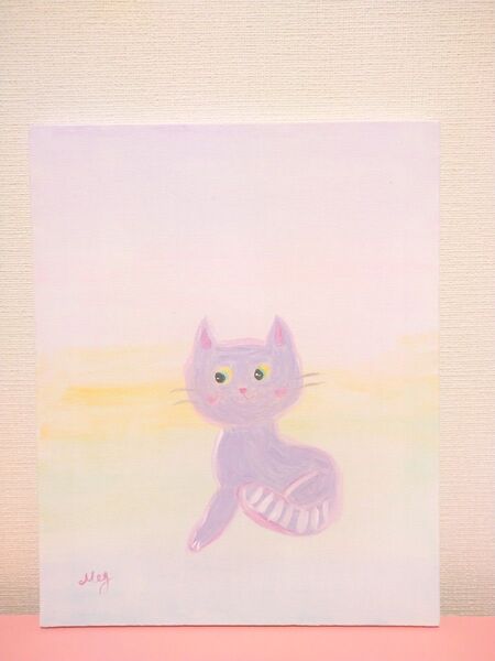 原画 『 虹猫 』アクリル水彩画 ねこ イラスト ネコ アート インテリア