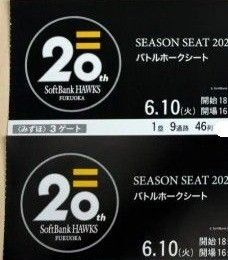 6月10(火) ソフトバンクホークスVS巨人 バトルホークシート 2枚(連番)