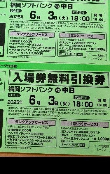 2025年6月3日 ソフトバンクホークス vs中日入場券引換券