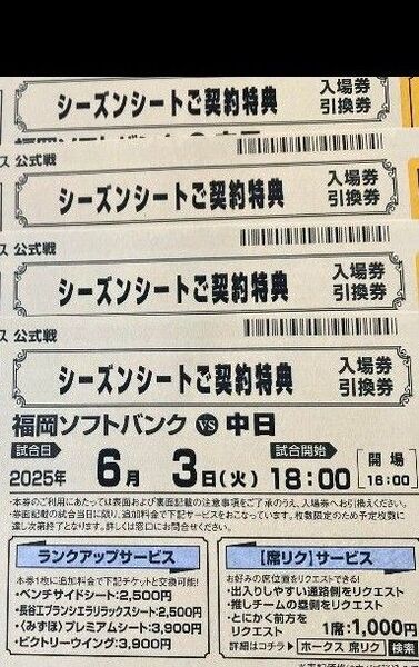 2025年6月3日 ソフトバンクホークス vs中日入場券引換券4枚