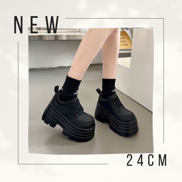 【24cm】厚底スニーカー ブラック スクエアトゥ インヒール ブラック ショートブーツ 黒 ショート丈 無地 厚底
