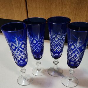 切り子風グラス コップ 4個セット 青 ブルー グラス