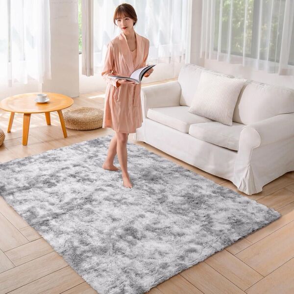 カーペット ラグ マット 極厚 抗菌防臭 絨毯 洗濯可♪ オールシーズン♪ シャギー インテリア (ライトグレー ×ホワイト)今