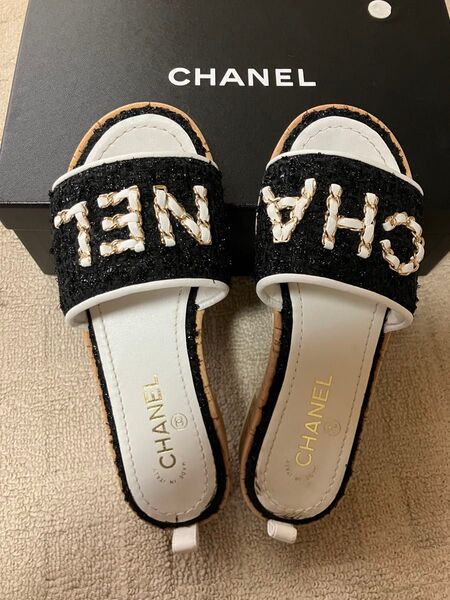 シャネル CHANEL 正規品 ロゴブラックサンダル 37