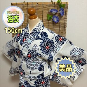 【美品】【レディース浴衣】白地 紺 紫陽花 赤 ぼかし 古典柄 昭和レトロ