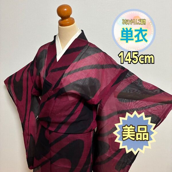 【美品】【単衣】【薄物】絽 小紋 臙脂色 大柄 流水 振袖 レア 夏の着物