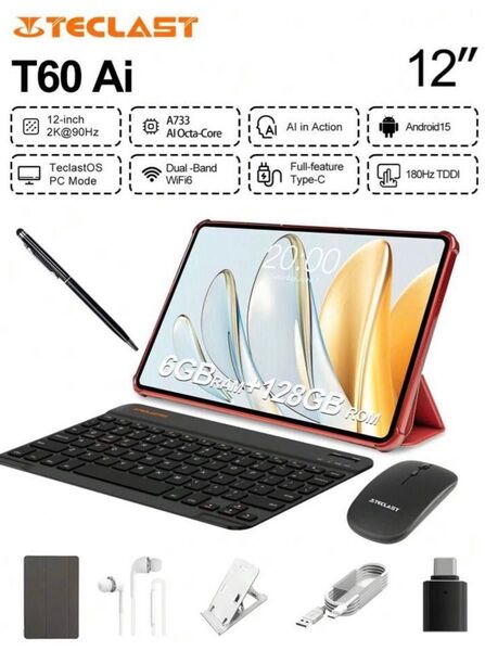 TECLAST T60 Ai タブレット 6/128GB 12インチ Android15 レッド セット付き