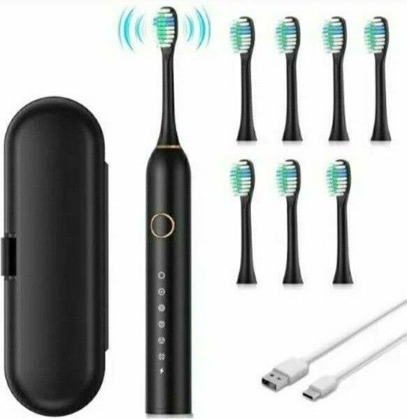 電動ハブラシ 音波式 電動歯ブラシ横振り IPX7防水 6モード音波 替えブラシ8本付 USB充電 収納ケース付き 携帯 低騒音