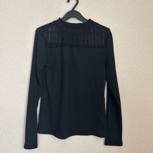 シースルー トップス 長袖 レース カットソー 長袖Tシャツ ロンT クルーネック プルオーバー Tシャツ M 黒