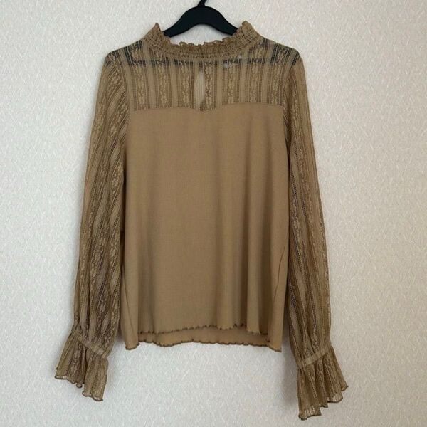 シースルー トップス 長袖 レース カットソー 長袖Tシャツ ロンT クルーネック プルオーバー Tシャツ M 黒 ブラウン茶色