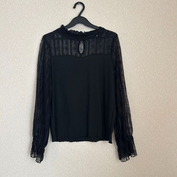 シースルー トップス 長袖 レース カットソー 長袖Tシャツ ロンT クルーネック プルオーバー Tシャツ M 黒