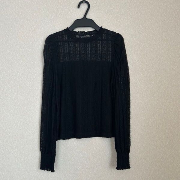 シースルー トップス 長袖 レース カットソー 長袖Tシャツ ロンT クルーネック プルオーバー Tシャツ 黒