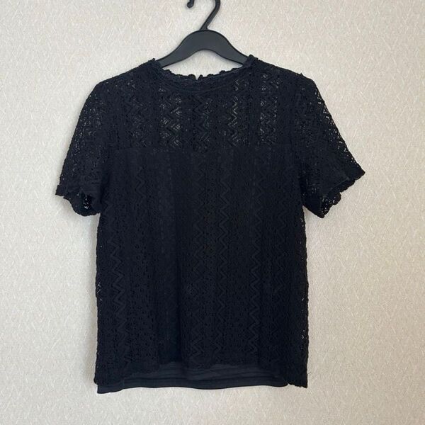 シースルー トップス レース カットソー 長袖Tシャツ ロンT クルーネック プルオーバー Tシャツ M 黒 半袖
