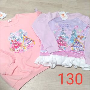 わんだふるプリキュア 長袖Tシャツ 130サイズ BANDAI フリルあり リボン ピンク パープル キッズ 女の子 トレーナー