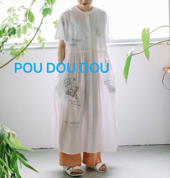 POU DOU DOUプードゥドゥ made in INDIA scene線画刺繍ドルマンワンピース オフホワイト 半袖Mサイズ