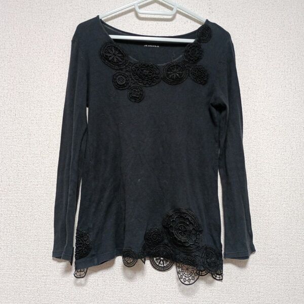 JEANASiS☆blackレース編みデザインカットソー トップス 長袖 黒 Tシャツ 長袖カットソー