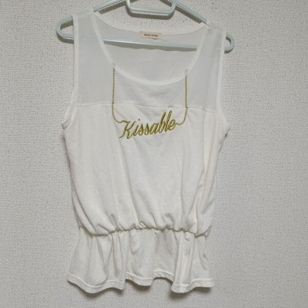 mouthvalley☆フロント刺繍ネックレス風デザインタンク カットソー Tシャツ 白 トップス
