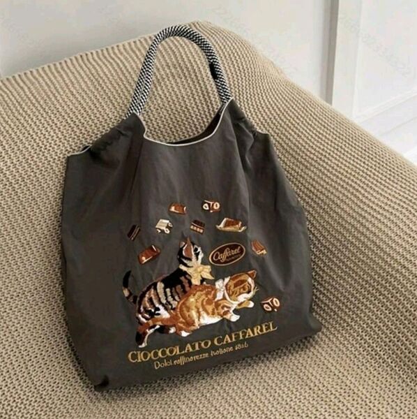 ネコ 刺繍バッグ エコバッグ ◆ダークグレー◆トートバック【新品・未使用】
