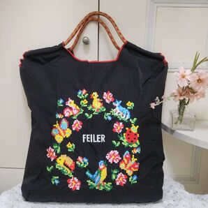 花柄 アヒル 刺繍バッグ エコバッグ ◆ブラック◆トートバック【新品・未使用】